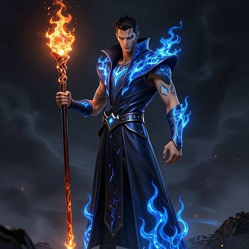 Digital artwork of a muscular, dark-haired male mage with glowing blue flames on armor, holding a fiery staff, against a dark, cloudy sky.