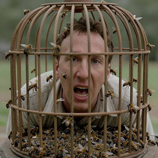 Photograph of a man with short brown hair, wearing a dirty gray shirt, trapped inside a wooden bee cage with numerous bees. He has an alarmed