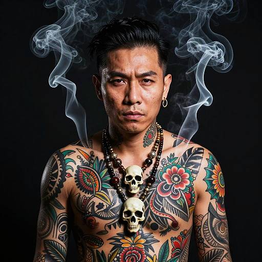 Tattooed Man with Skull Jewelry and Floating Smoke