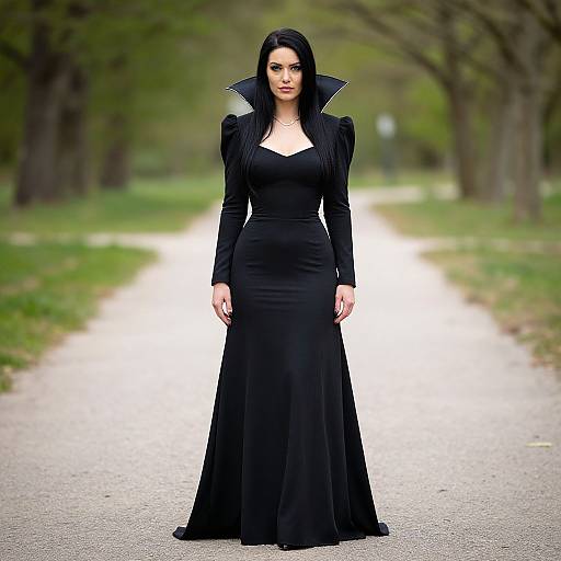 Photograph of a dark-haired woman in a black, long-sleeved, gothic gown with high, pointed shoulders, standing on a sunlit