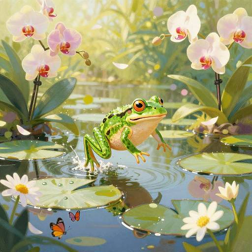 Vibrant digital illustration of a green frog with orange eyes jumping from a lily pond, surrounded by pink orchids, white water lilies,