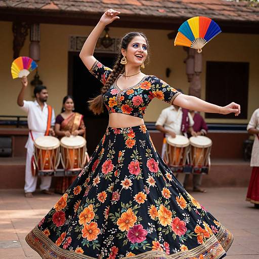 Joyful Woman Dancing in Floral Lehenga
