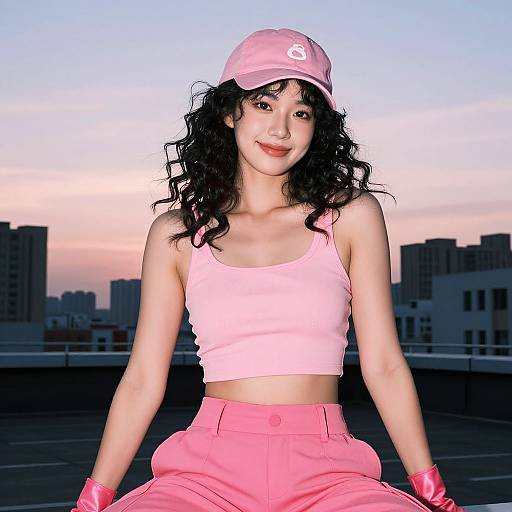 Photograph of a curly-haired woman in a pink crop top and high-waisted pants, pink gloves, and cap, sitting on rooftop at sunset