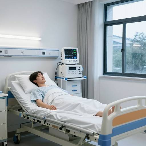 Photograph of a young man with short brown hair, wearing a white hospital gown, lying in a hospital bed with medical monitors beside a window. Bright