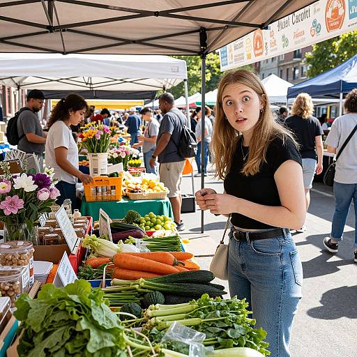 Photograph of a young woman with light brown hair, wearing a black top and blue jeans, standing at a vibrant outdoor farmers' market stall, surrounded