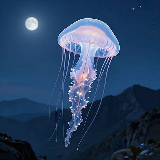Photograph of a glowing jellyfish with translucent, bioluminescent tentacles, floating under a full moon in a dark, starlit night sky