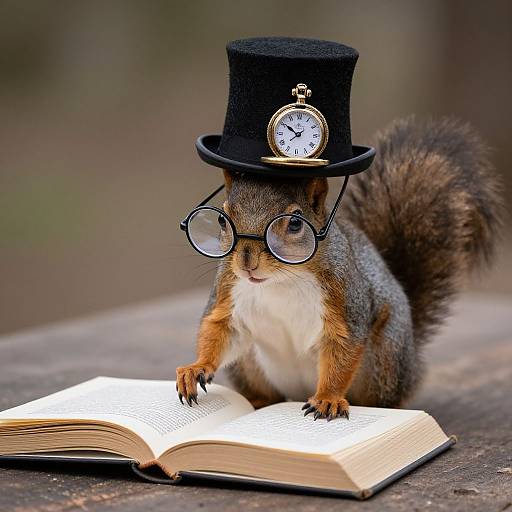 Photograph of a squirrel wearing a black top hat with a pocket watch and round glasses, reading an open book on a wooden table.