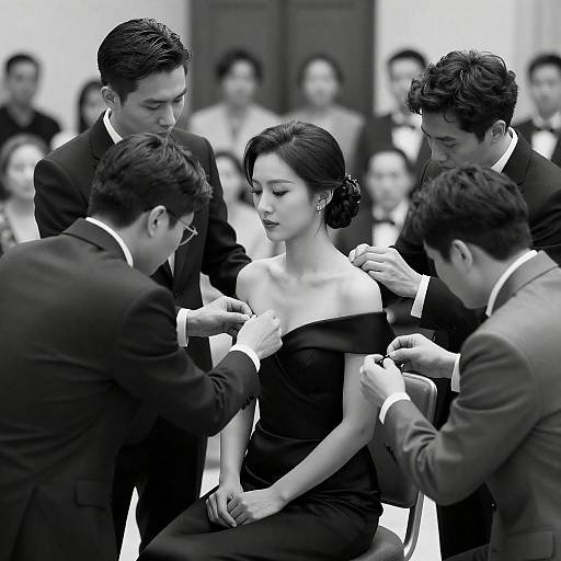 Elegant Woman Surrounded by Attentive Men