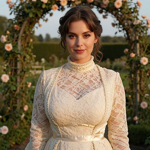 Photograph of a brunette woman with fair skin, wearing a white lace wedding dress, standing in front of a floral arch, smiling softly.