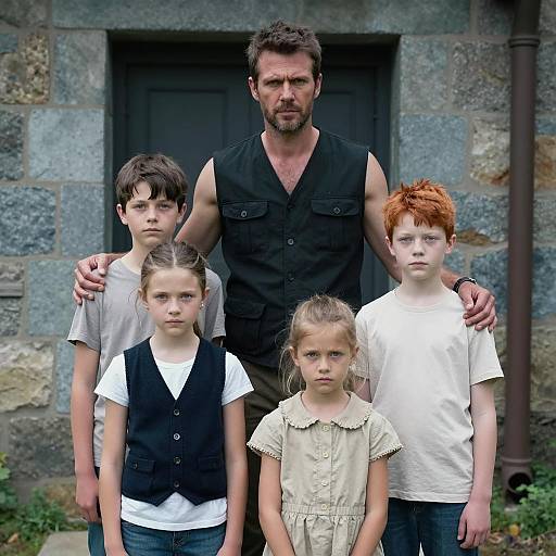 Children and Adult in Front of Stone Building