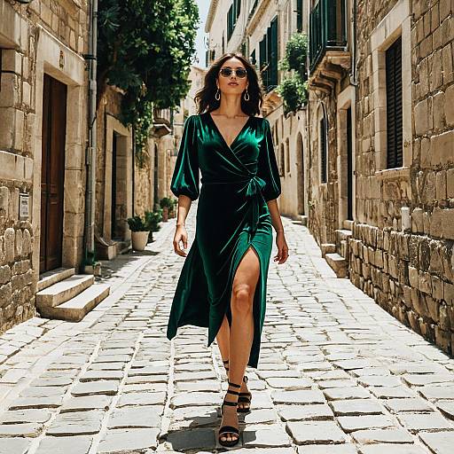 Woman in Emerald Green Dress Walking on Cobblestone Street