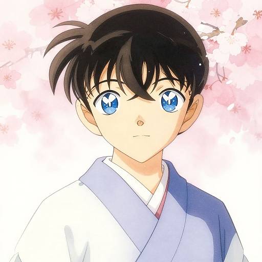 Digital anime-style drawing of a young boy with black spiky hair, bright blue eyes, wearing a white and blue kimono, against a pink cherry