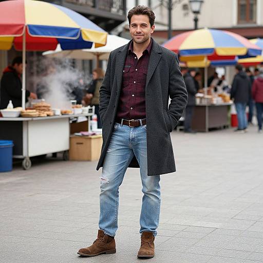 Photograph of a handsome man with short dark hair, wearing a black coat, maroon shirt, ripped jeans, and brown boots, standing confidently in
