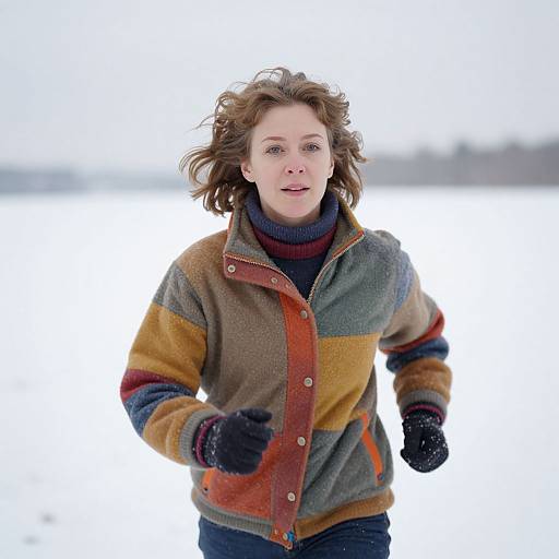 Woman Running in Snowy Field