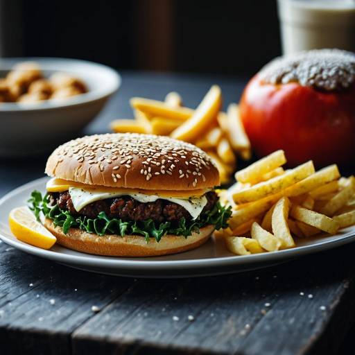 Cheeseburger with Fries and Lemon Wedge