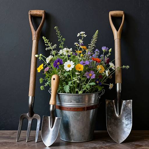 Photograph of a metal bucket with vibrant wildflowers, flanked by two wooden-handled shovels and a pitchfork, against a black wall
