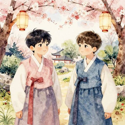 Digital illustration of two young Japanese boys in traditional kimonos, standing under cherry blossom trees with lanterns, facing each other. Background includes a traditional