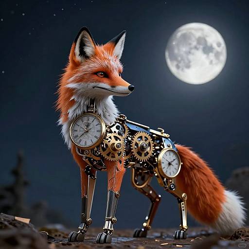 Digital artwork of a robotic fox with orange fur, white chest, and mechanical gears on its body, standing under a full moon in a starry night
