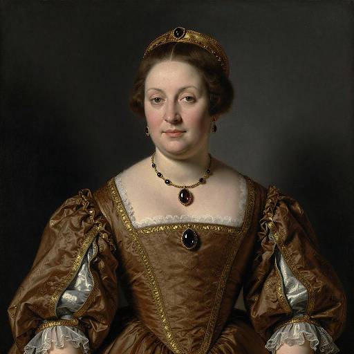 17th-century portrait of a fair-skinned woman in a brown, gold-embroidered gown with puffed sleeves, wearing a jeweled head