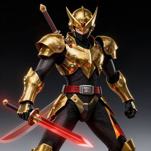 Digital artwork of a golden-armored, masked warrior with red eyes, holding a glowing red sword, black bodysuit, sword on back, dark