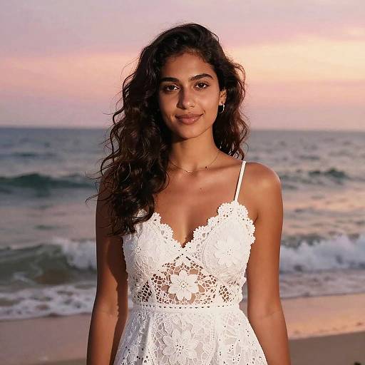 Photograph of a beautiful young woman with long wavy dark hair, wearing a white lace dress, standing on a beach at sunset, with waves and