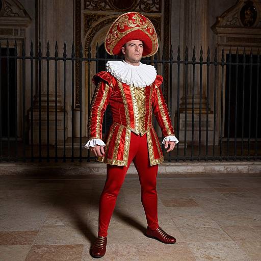 Photograph of a man in elaborate Renaissance-style red and gold outfit with a large, ornate hat, white ruffled collar, and red pants,
