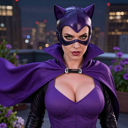 Photorealistic image of a confident woman in a purple Catwoman costume with cat ears, mask, cape, and revealing top, against a nighttime city