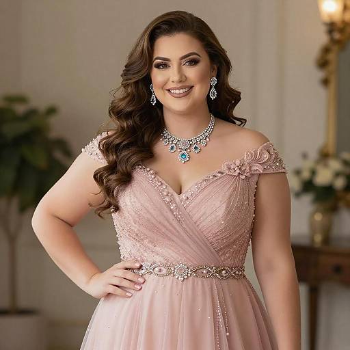 Confident Plus-Size Woman in Elegant Pink Dress