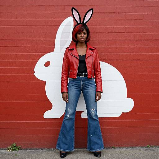 Photograph of a Black woman with red bob haircut, wearing a red leather jacket, black tank top, blue flared jeans, and black bunny ears