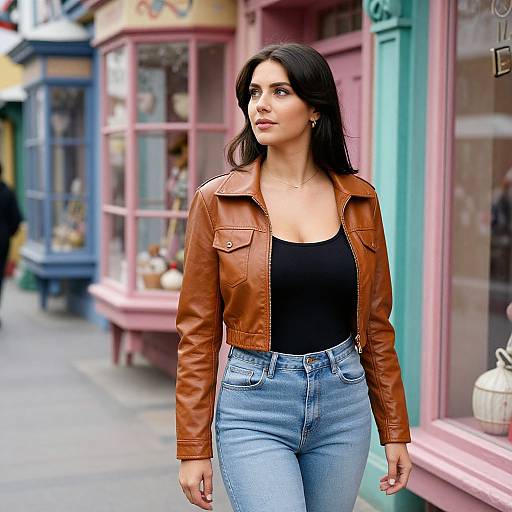Photograph of a dark-haired woman with fair skin, wearing a brown leather jacket, black tank top, and blue jeans, walking down a colorful,