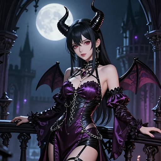 Digital art of a seductive demon woman with black horns, bat wings, and purple lingerie, standing under a full moon in a gothic castle.