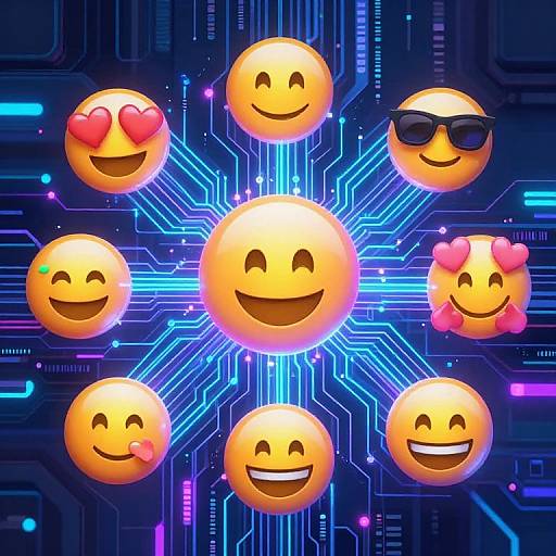 Digital illustration of six smiling emoji faces with diverse expressions (heart eyes, sunglasses, blushing, drooling) on a neon blue circuit board background.