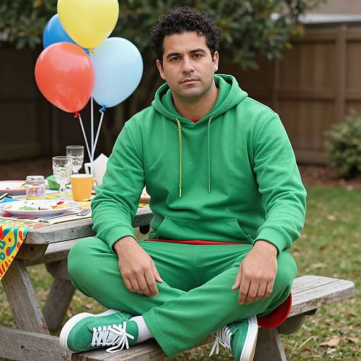 Photograph of a young man with curly black hair, wearing a green hoodie and matching green pants, sitting cross-legged on a wooden picnic table with colorful