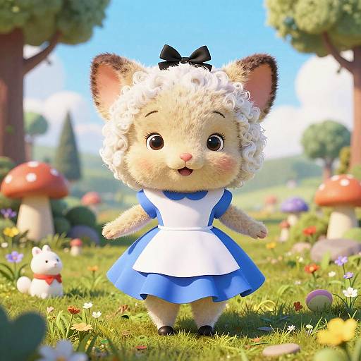 Photorealistic CGI of an adorable, fluffy cat in a blue and white Alice in Wonderland dress, standing in a vibrant, mushroom-filled meadow with