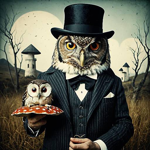 Surreal Owl Dressed in Suit Holding Amanita Mushroom
