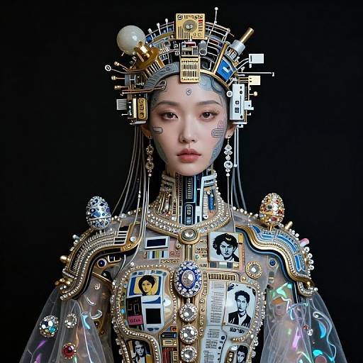 Digital art of a futuristic Asian woman with cybernetic headgear, adorned with intricate circuitry, photos, and gemstones, against a black background