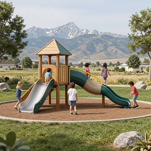 Photograph of a playground with wooden play structure, multiple children playing on slides, colorful plastic slides, green grass, trees, and snow-capped mountains