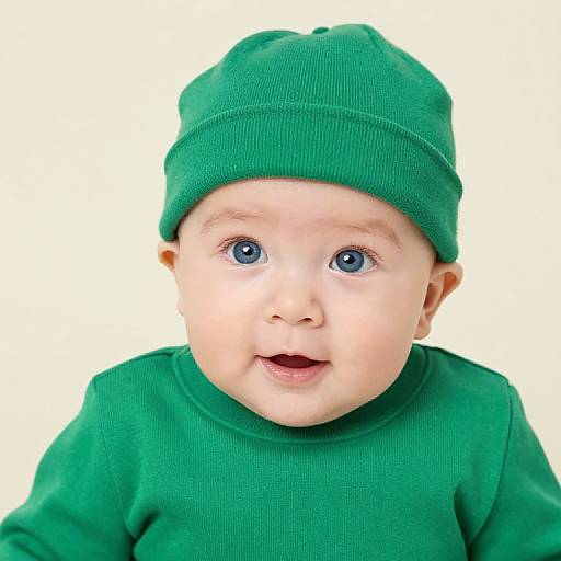 Adorable Blue-Eyed Baby in Green Outfit