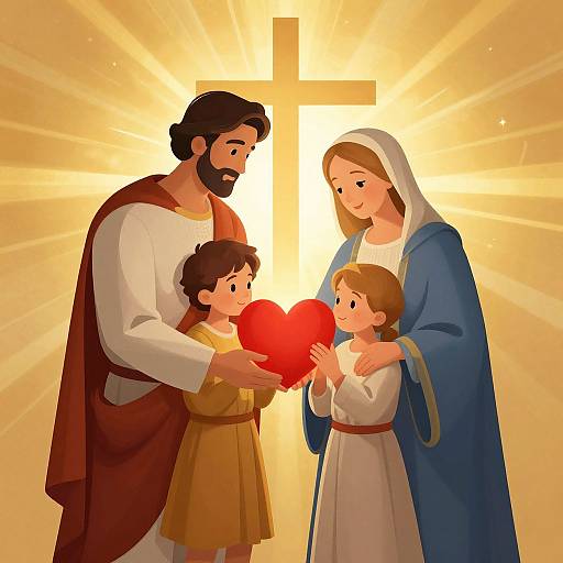 Digital illustration of Jesus, Mary, and two children gazing at a glowing red heart centered against a radiant yellow cross backdrop.