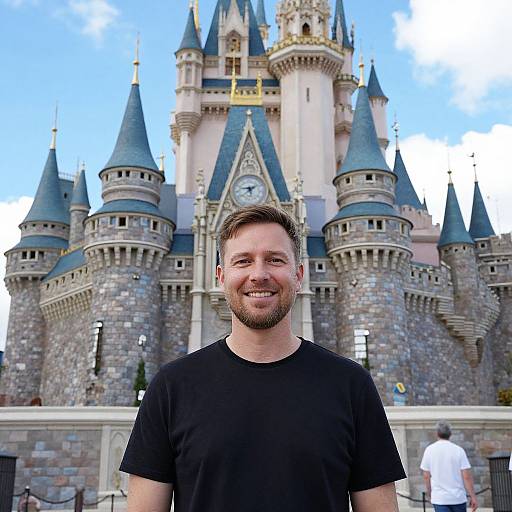 Photograph of a smiling man with short brown hair and beard, wearing a black t-shirt, standing in front of a colorful, fairytale-style