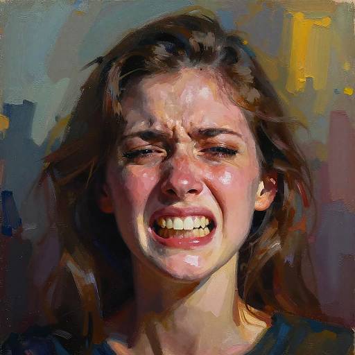 Digital painting of a young woman with a distressed, angry expression, teeth clenched, and furrowed brows. Background features abstract, colorful brushst