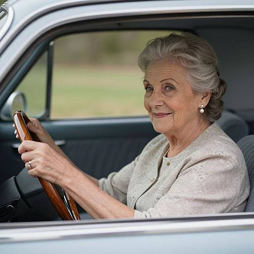 Photograph of an elderly woman with gray hair, wearing a white blouse and pearl earrings, driving a silver car with a calm smile.