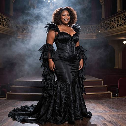 Photograph of a confident Black woman with curly hair, wearing a black, ruffled, form-fitting evening gown, standing on stage with fog and
