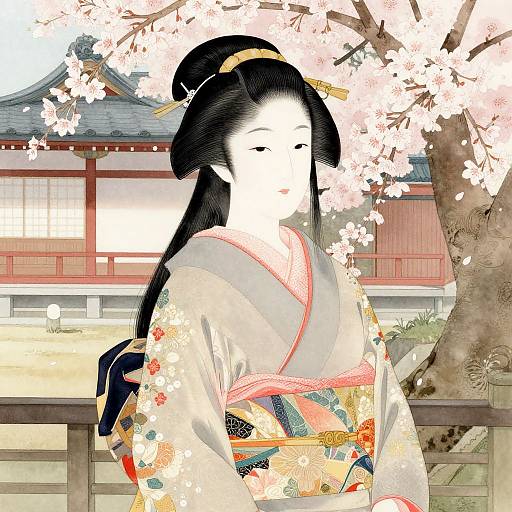 Digital art of a pale-faced Japanese woman in a colorful floral kimono, standing beneath cherry blossom trees with traditional wooden buildings in the background.