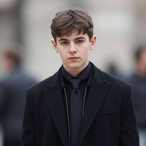 Photograph of a young, fair-skinned man with dark brown hair, wearing a black blazer and patterned shirt, standing outdoors with a blurred