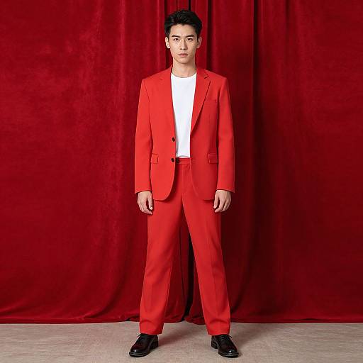 Photograph of a young man with dark hair, wearing a bright red suit, white t-shirt, and black shoes, standing against a red velvet curtain