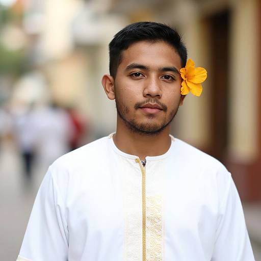 Photograph of a young South Asian man with short black hair, beard, and an orange flower in his hair, wearing a white traditional outfit, standing