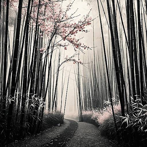 Cherry Blossoms in Bamboo Forest at Dawn