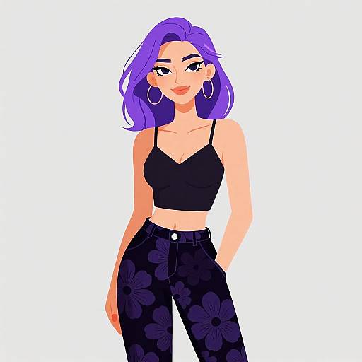 Digital illustration of a confident woman with purple hair, wearing a black crop top and floral-patterned high-waisted pants, large hoop earrings, and