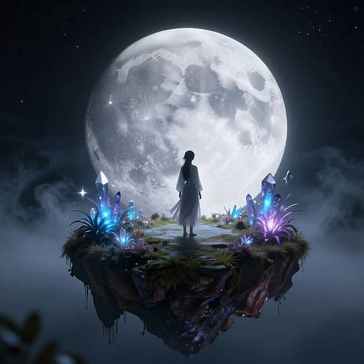 Silhouetted figure stands on floating island under luminous full moon, surrounded by glowing blue and purple plants in a starry night sky. Digital